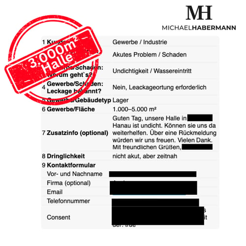 Geschwärzte Kundenanfrage für eine Gewerbehalle