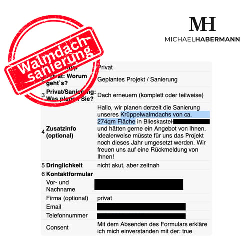Geschwärzte Kundenanfrage für eine Walmdachsanierung