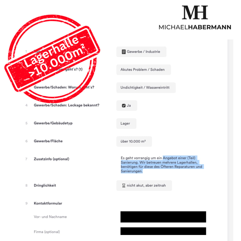 Geschwärzte Kundenanfrage für eine Lagerhalle