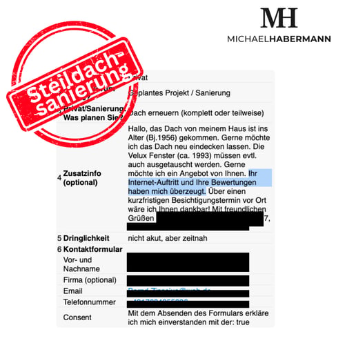 Geschwärzte Kundenanfrage für eine Steildachsanierung