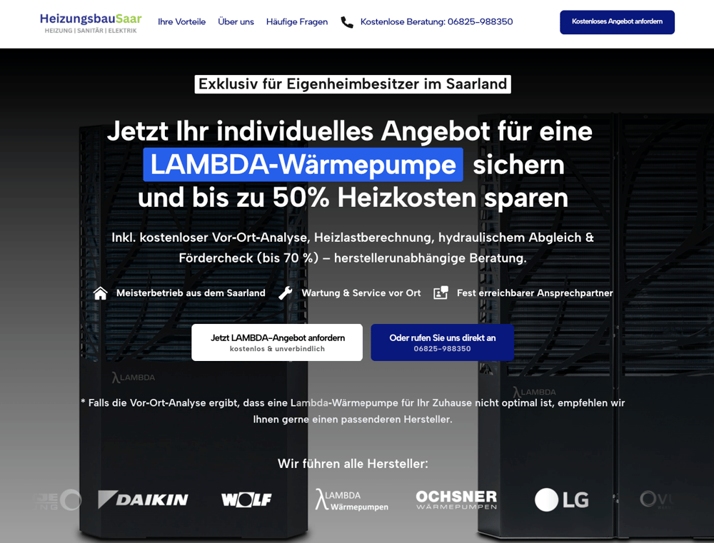 Webseite von HeizungsbauSaar: Angebot für eine Lambda-Wärmepumpe