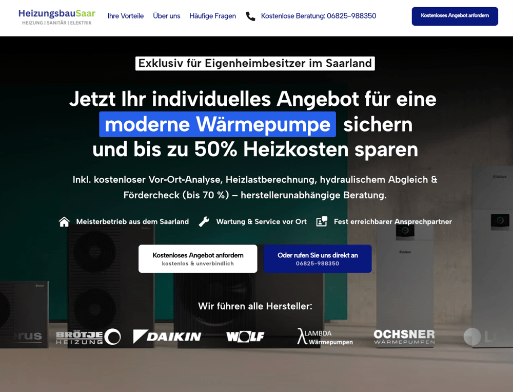 Webseite von HeizungsbauSaar: Angebot für eine moderne Wärmepumpe
