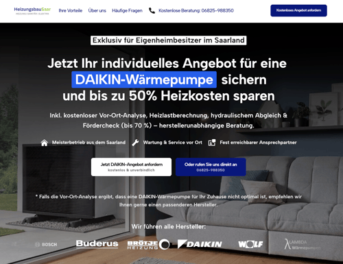 Webseite von HeizungsbauSaar: Angebot für eine Daikin-Wärmepumpe